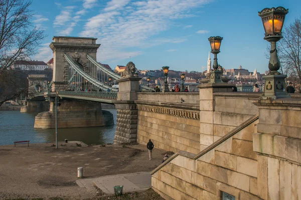 Βουδαπέστη Ουγγαρία Ιανουαρίου 2020 Χειμερινή Άποψη Της Γέφυρας Αλυσίδας Στον — Φωτογραφία Αρχείου