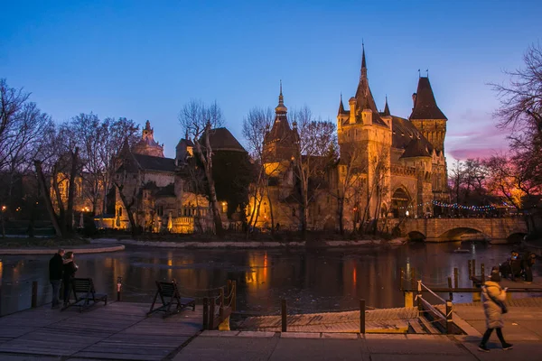 Budapest Ungheria Gennaio 2020 Tramonto Sul Castello Vajdahunyad Nel Parco — Foto Stock