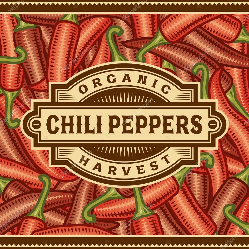 Retro chili pepper harvest label on chili peppers background in woodcut style. Editable vector illustration with clipping mask.