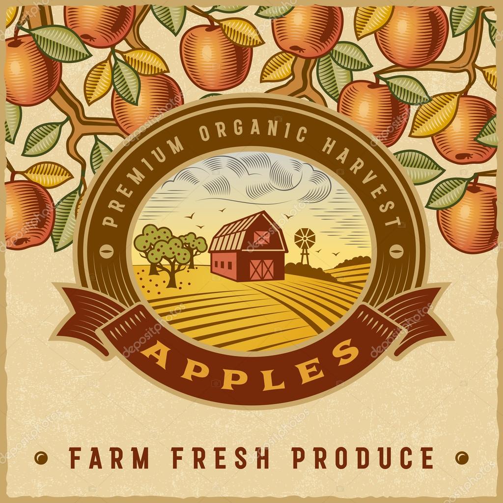 Vintage colorful apple harvest label with landscape in woodcut style. Editable vector illustration with clipping mask.