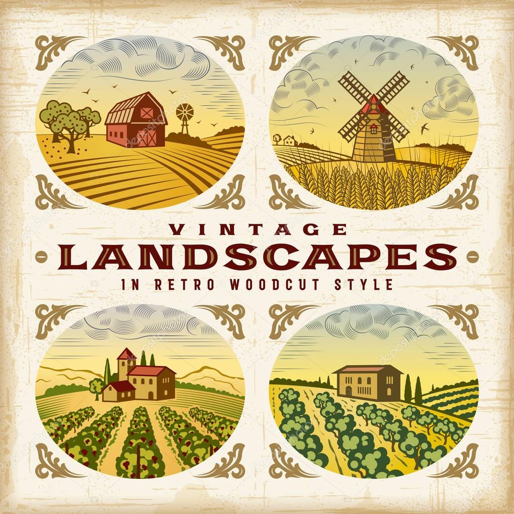 A set of colorful landscapes in retro woodcut style. Editable EPS10 vector illustration with clipping mask.