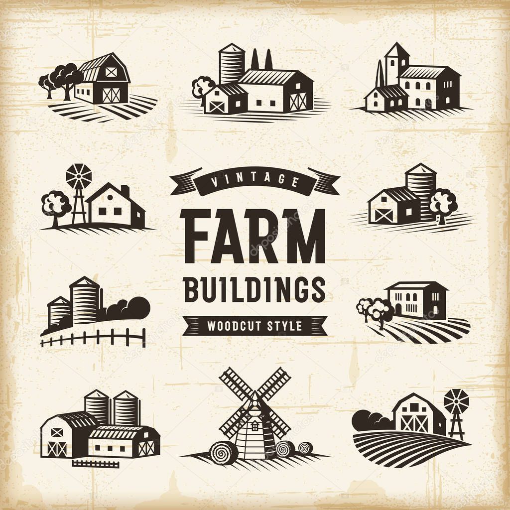 A set of vintage farm buildings in woodcut style. Editable EPS10 vector illustration with clipping mask.