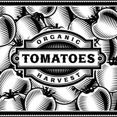 Retro domates hasat etiket siyah ve beyaz