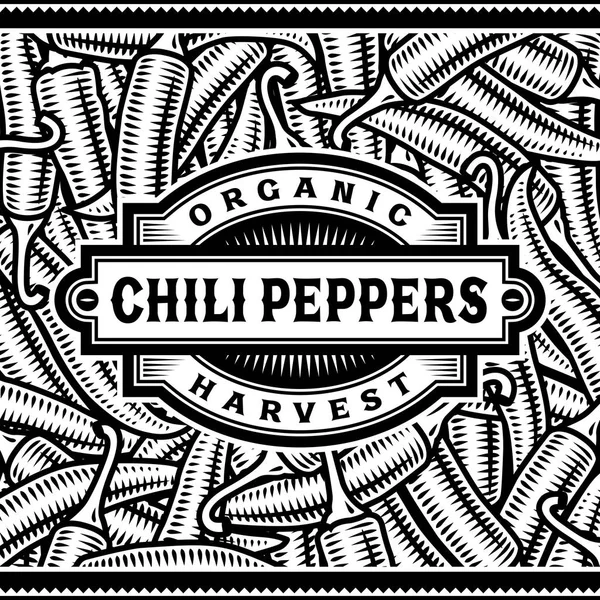 Retro Chili Pepper Harvest Label Black And White — Stock Vector
