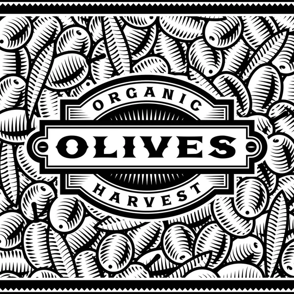 Etichetta raccolta olive retrò bianco e nero — Vettoriale Stock