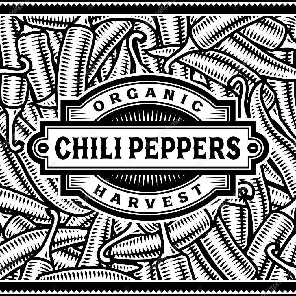 Retro Chili Pepper Harvest Label Black And White