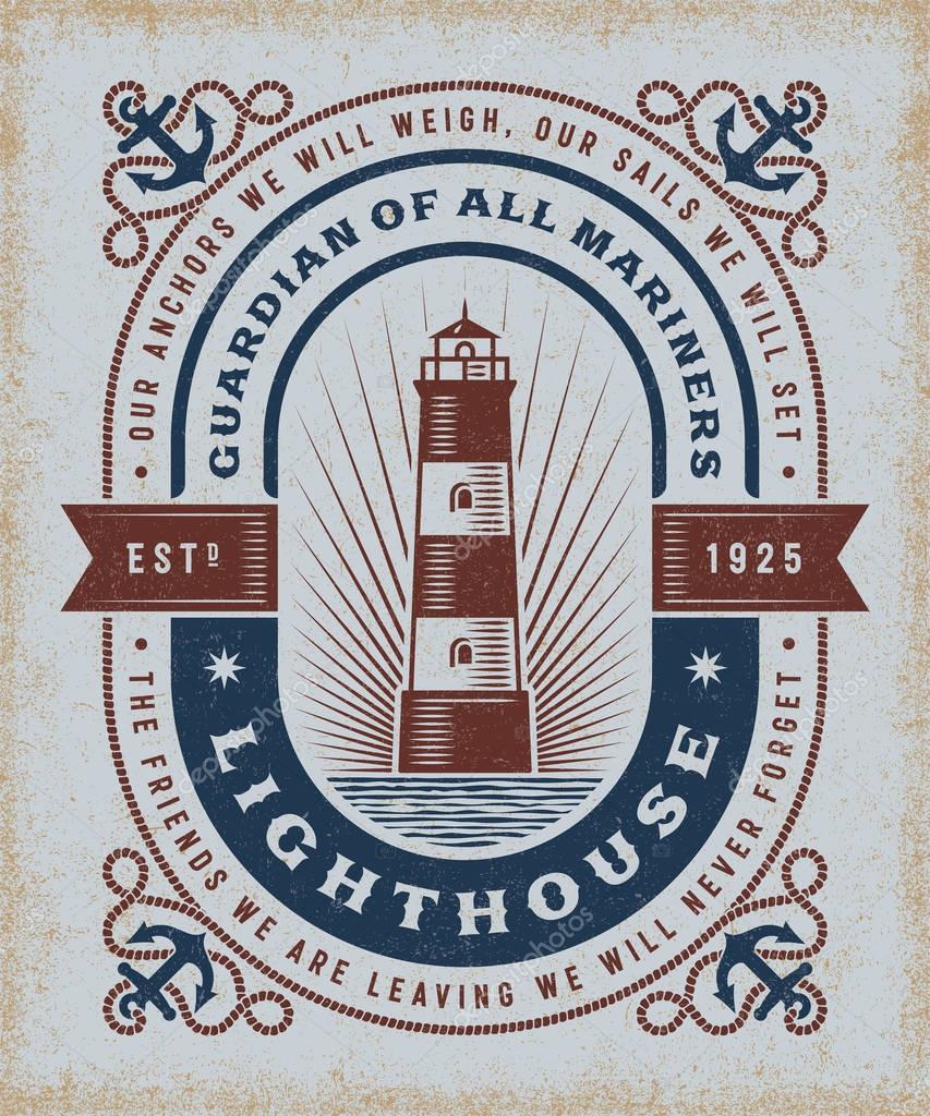 Vintage lighthouse typography, t-shirt and label graphics with clipping mask. Editable EPS10 vector illustration in woodcut style.