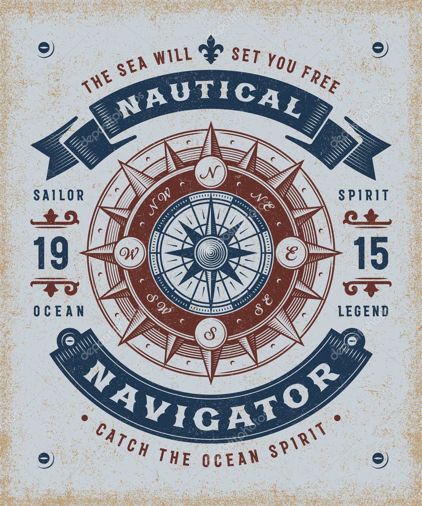 Vintage nautical navigator typography, t-shirt and label graphics with compass rose. Editable EPS10 vector illustration in woodcut style.