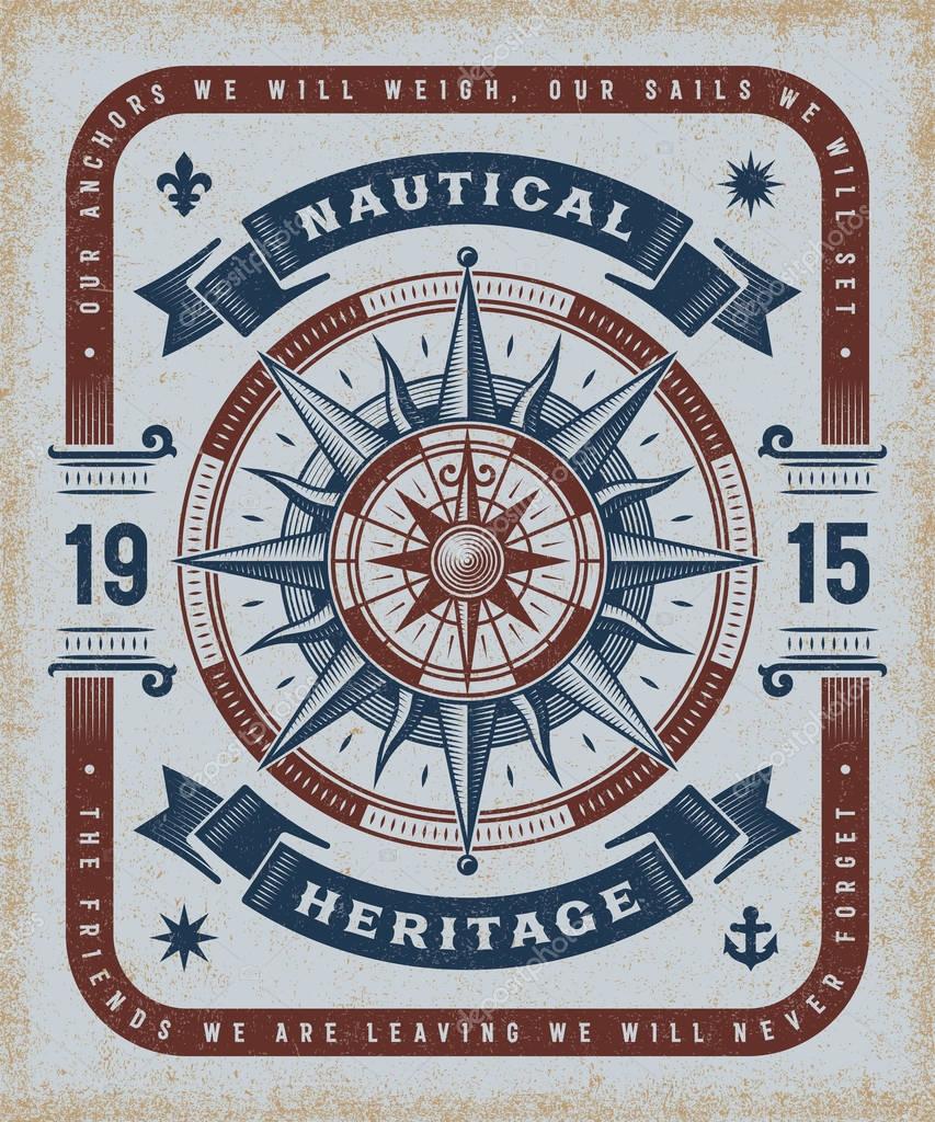 Vintage nautical heritage typography, t-shirt and label graphics with compass rose. Editable EPS10 vector illustration in woodcut style.