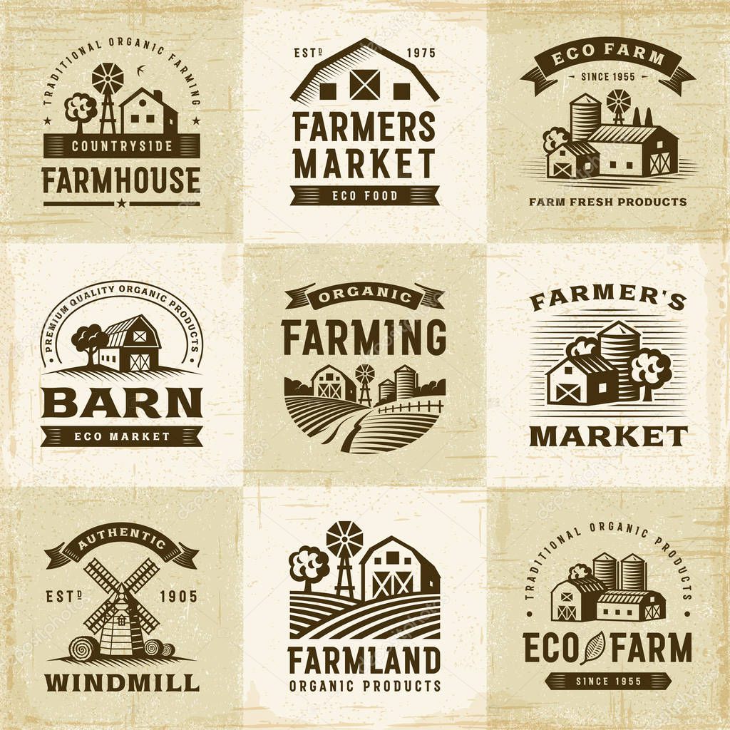 A set of vintage organic farming labels in woodcut style. Editable EPS10 vector illustration with clipping mask.
