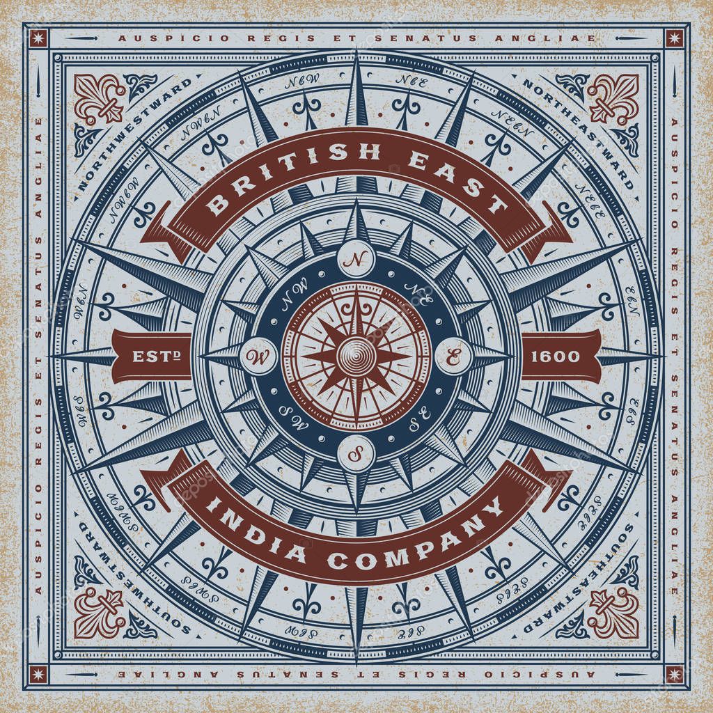 Vintage British East India Company nautical typography, t-shirt and label graphics with compass rose. Editable EPS10 vector illustration in woodcut style.