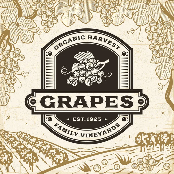 Étiquette de raisin rétro sur le paysage de récolte — Image vectorielle