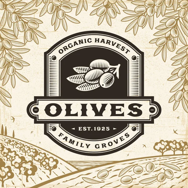 Retro olives label on harvest landscape Stock Illustration