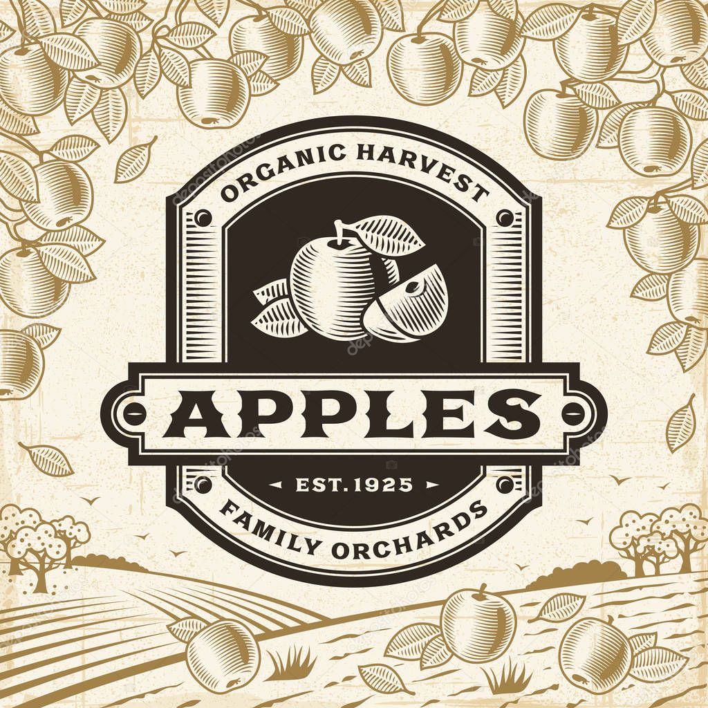 Vintage apples label on harvest landscape in woodcut style. Editable EPS10 vector illustration with clipping mask and transparency.