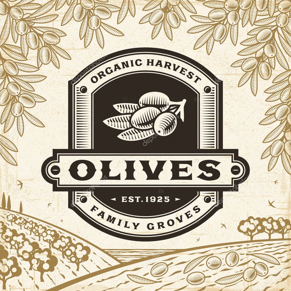 Retro olives label on harvest landscape