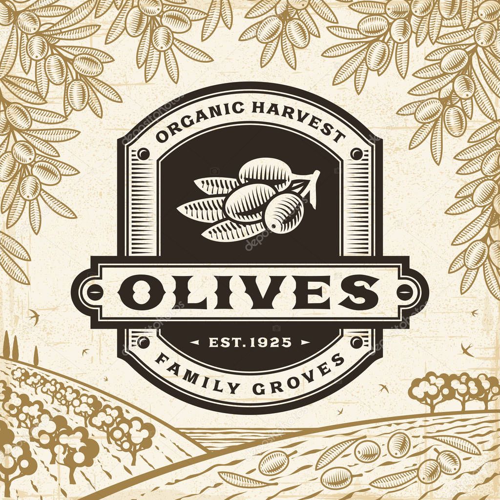 Vintage olives label on harvest landscape in woodcut style. Editable EPS10 vector illustration with clipping mask and transparency.