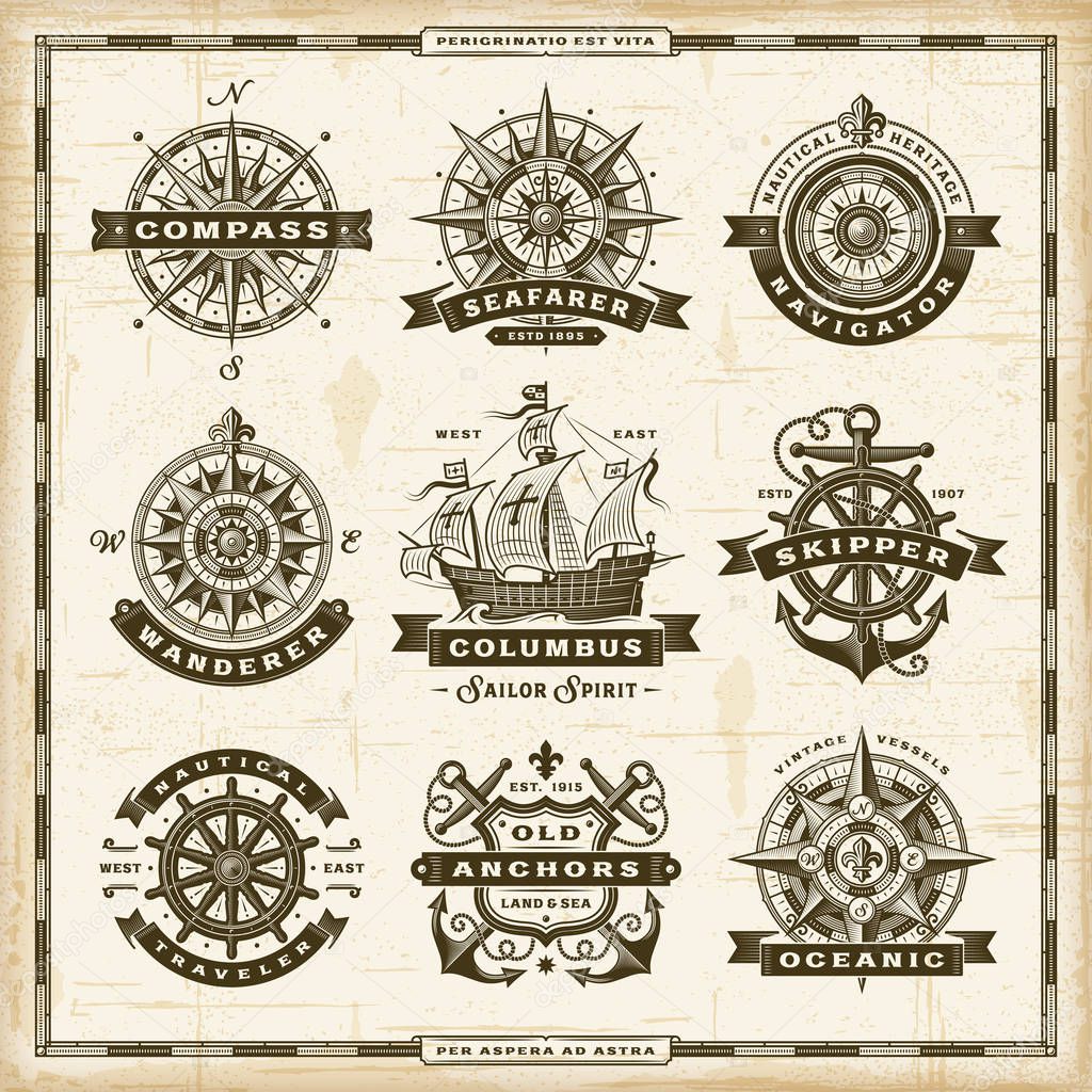 A set of vintage nautical labels in retro woodcut style. Editable EPS10 vector illustration.