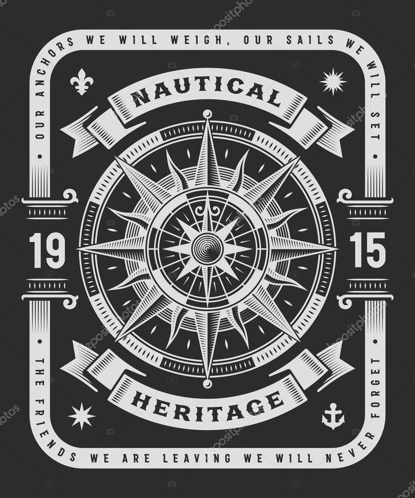 Vintage nautical heritage typography on black background, t-shirt and label graphics with compass rose. Editable vector illustration in woodcut style. Adapted for dark backgrounds.