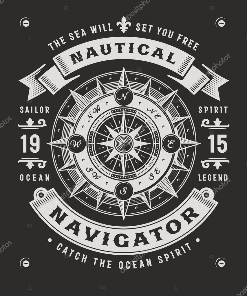 Vintage nautical navigator typography on black background, t-shirt and label graphics with compass rose. Editable vector illustration in woodcut style. Adapted for dark backgrounds.