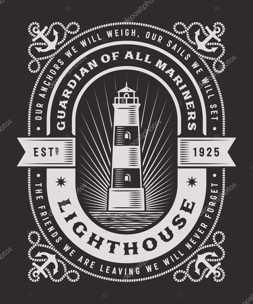 Vintage lighthouse typography on black background, t-shirt and label graphics with clipping mask. Editable vector illustration in woodcut style. Adapted for dark backgrounds.