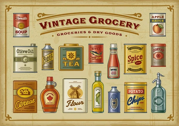 Conjunto vintage de la tienda de comestibles — Archivo Imágenes Vectoriales