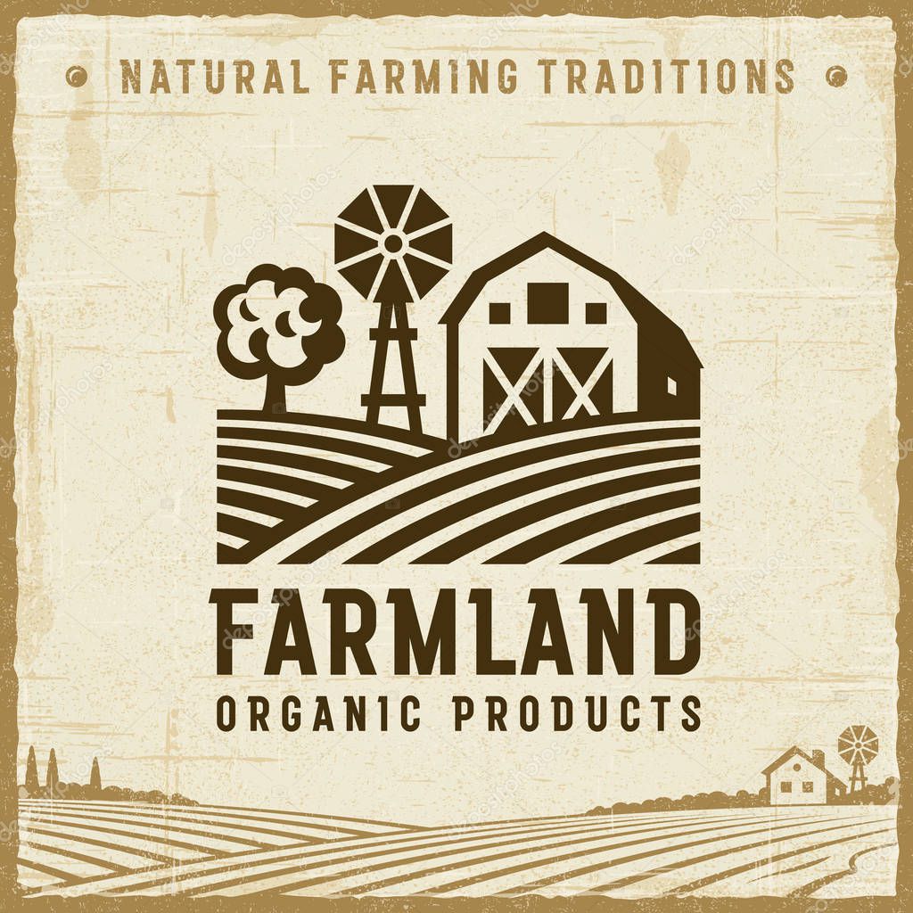 Vintage farmland label in retro woodcut style. Editable EPS10 vector illustration with clipping mask and transparency.