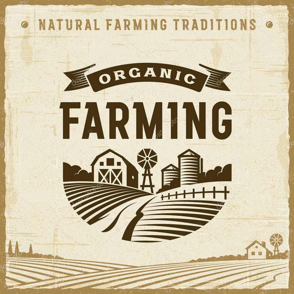 Vintage organic farming label in retro woodcut style. Editable EPS10 vector illustration with clipping mask and transparency.