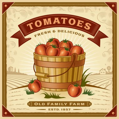 Retro tomato harvest label with landscape. Editable EPS10 vector illustration in woodcut style with clipping mask and transparency. clipart