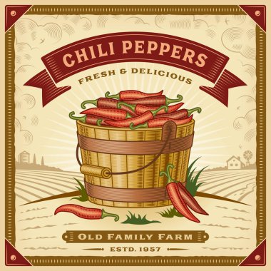 Retro chili pepper harvest label with landscape. Editable EPS10 vector illustration in woodcut style with clipping mask and transparency. clipart