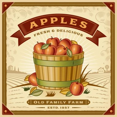 Retro apple harvest label with landscape. Editable EPS10 vector illustration in woodcut style with clipping mask and transparency. clipart