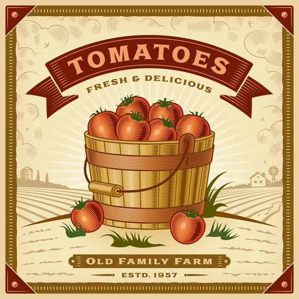 Retro Tomaten Oogst Label Met Landschap Bewerkbare Eps10 Vectorillustratie Houtsnede — Stockvector