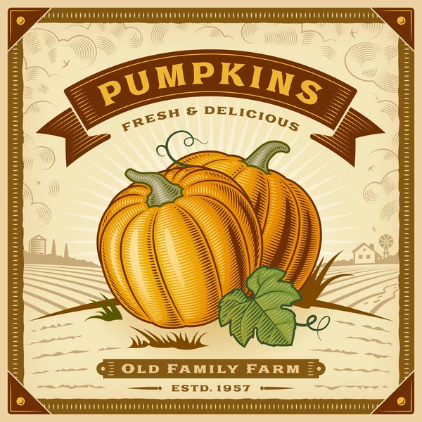 Retro Pumpkin Harvest Label Landscape Editable Eps10 Vector Illustration Woodcut — Stock Vector