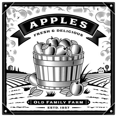 Retro apple harvest label with landscape black and white. Editable vector illustration with clipping mask. clipart