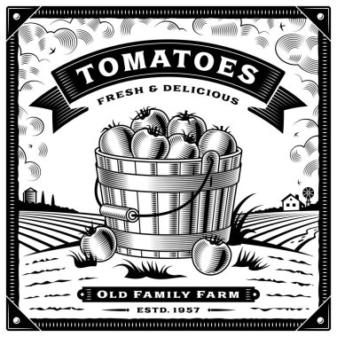 Retro tomato harvest label with landscape black and white. Editable vector illustration with clipping mask. clipart
