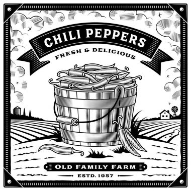 Retro chili biber hasat manzara siyah ve beyaz etiketle. Kırpma maskesi ile düzenlenebilir vektör çizim.