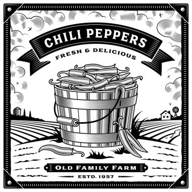 Retro chili pepper harvest label with landscape black and white. Editable vector illustration with clipping mask. clipart