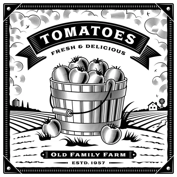 Étiquette Récolte Tomates Rétro Avec Paysage Noir Blanc Illustration Vectorielle Illustrations De Stock Libres De Droits