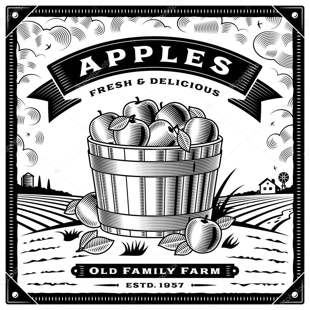 Retro apple harvest label with landscape black and white. Editable vector illustration with clipping mask.