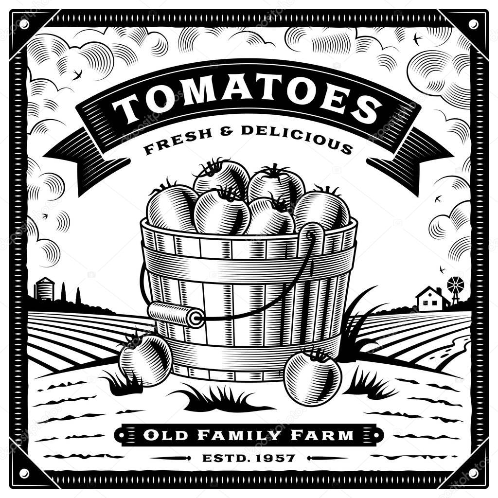 Retro tomato harvest label with landscape black and white. Editable vector illustration with clipping mask.