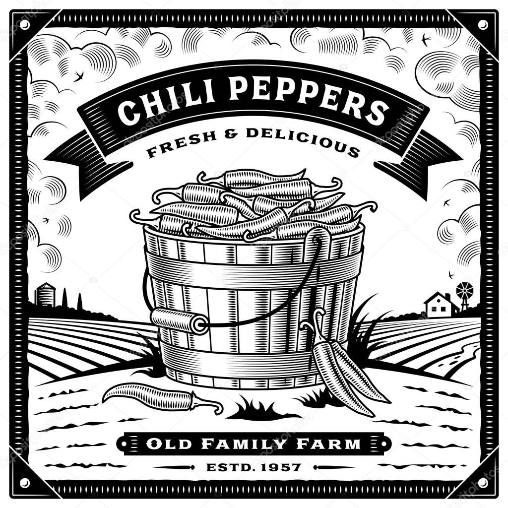 Retro chili pepper harvest label with landscape black and white. Editable vector illustration with clipping mask.