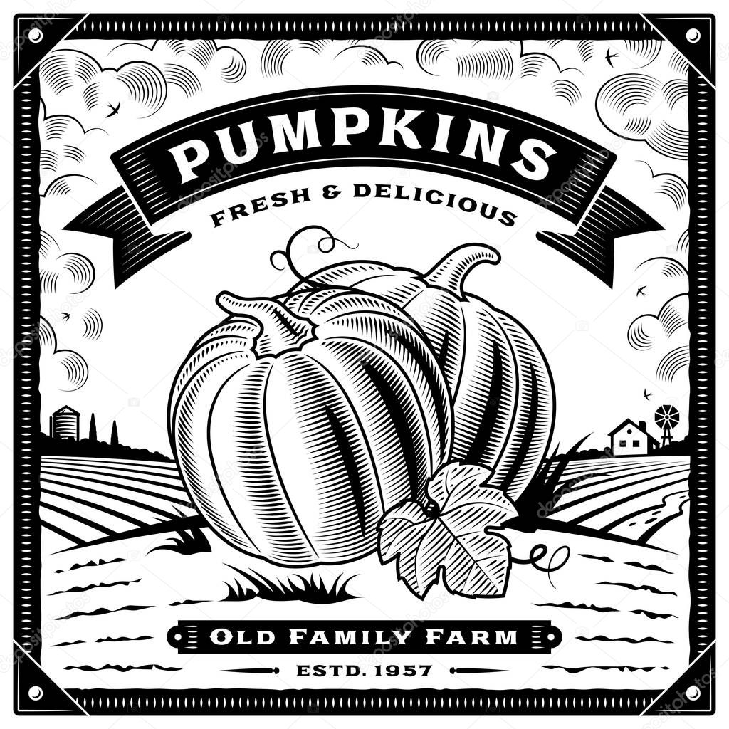 Retro pumpkin harvest label with landscape black and white. Editable vector illustration with clipping mask.