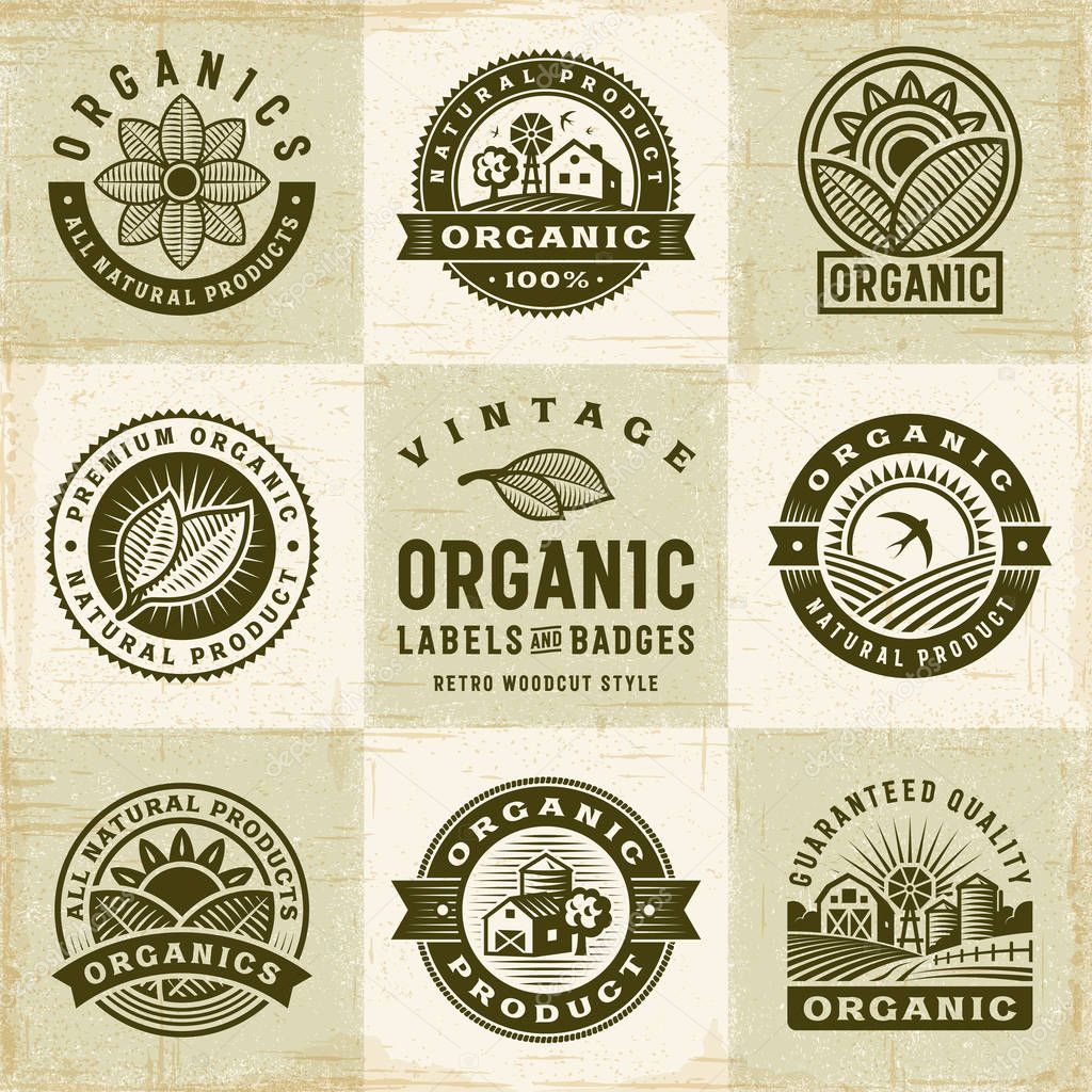 Vintage Organic Labels And Badges Set. Editable EPS10 vector illustration in retro woodcut style with clipping mask and transparency.