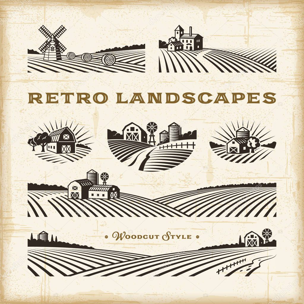 Retro Landscapes Set. Editable EPS10 vector illustration in woodcut style with clipping mask and  transparency.