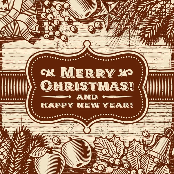 Vintage Merry Christmas Card Brown Editable Ilustración Vectorial Monocromo Con — Archivo Imágenes Vectoriales