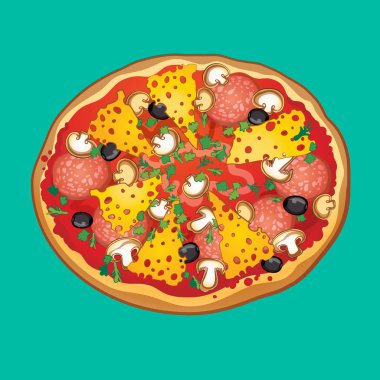 Pizza salam, peynir mantar zeytin ve otlar ile