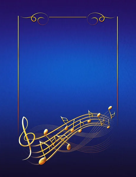 Altın Çerçeve notlar ve tiz nota anahtarı ile mavi müzik arka plan — Stok fotoğraf