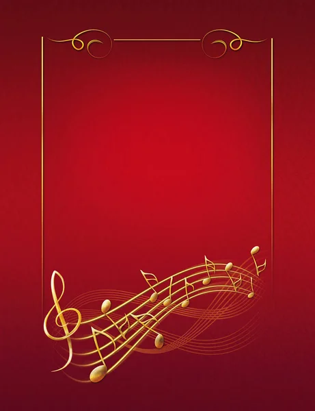 Altın Çerçeve notlar ve tiz nota anahtarı kırmızı müzik arka plan — Stok fotoğraf