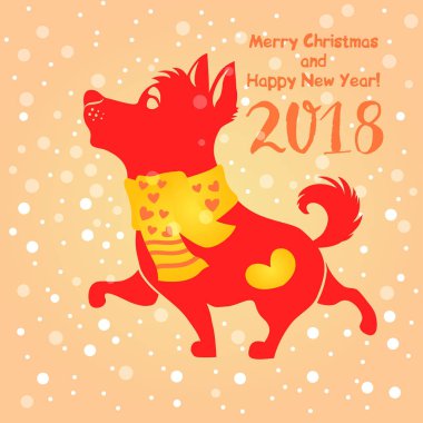 ışık karlı zemin üzerine kırmızı köpek siluet. Çince sembolü 