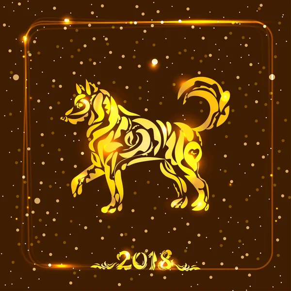 Zlatý pes na zasněžené tmavé pozadí. symbol čínského nového roku. — Stockový vektor