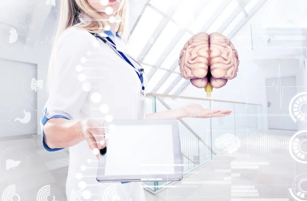 Double Exposure, Doctor holding human organs ( brain) and tablet , in the hospital. — Stock Photo, Image